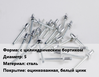 Заклепка с цилиндрическим бортиком 5 сталь оцинкованная, белый цинк, упаковка 100 шт, с внутренней резьбой цена от 198.54 сом / шт, где купить, условия доставки в Оше и Ошской области